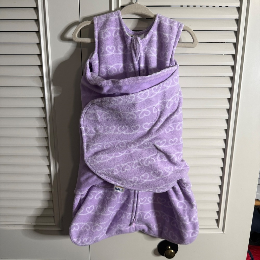 Halo SleepSack Swaddle Newborn Purple Fleece Hearts Wearable Blanket NB 0-3M